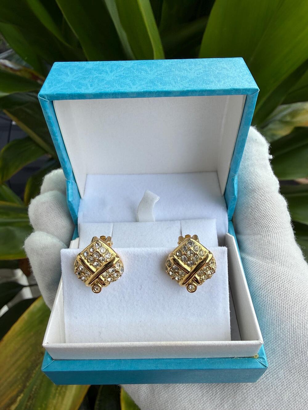 Vintage Christian Dior Gold-Plated Rhinestone Block Clip-On Earrings Authentic